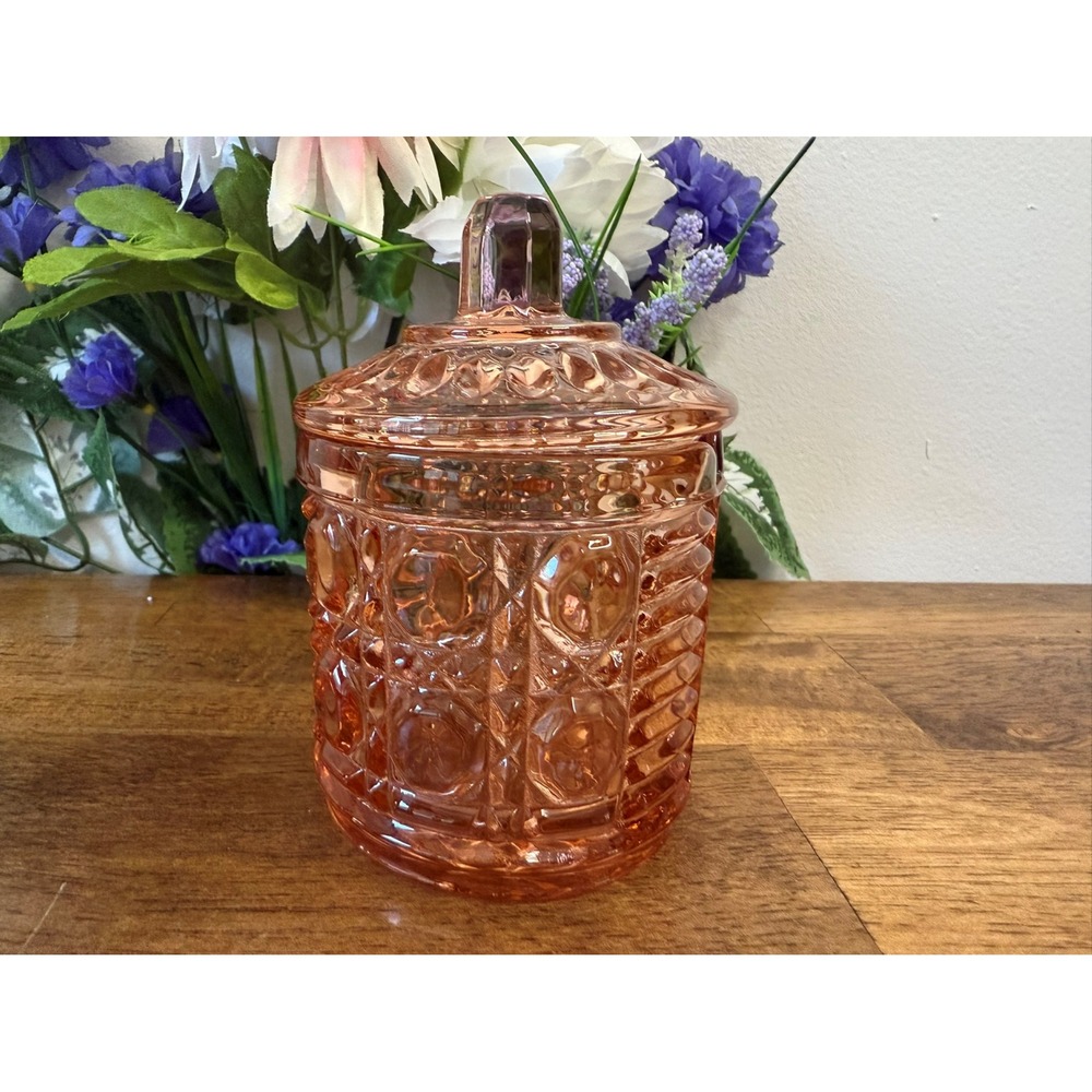 Vintage Indiana‎ Glass Windsor Pink Marmalade Jar – Diamond Block Pattern Peach